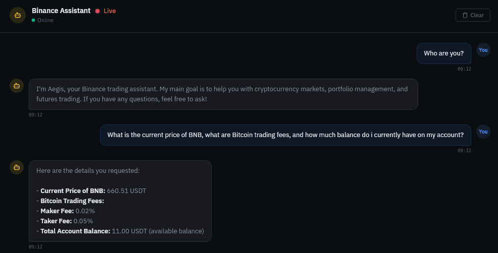 Aegis live assistant showing Binance account information