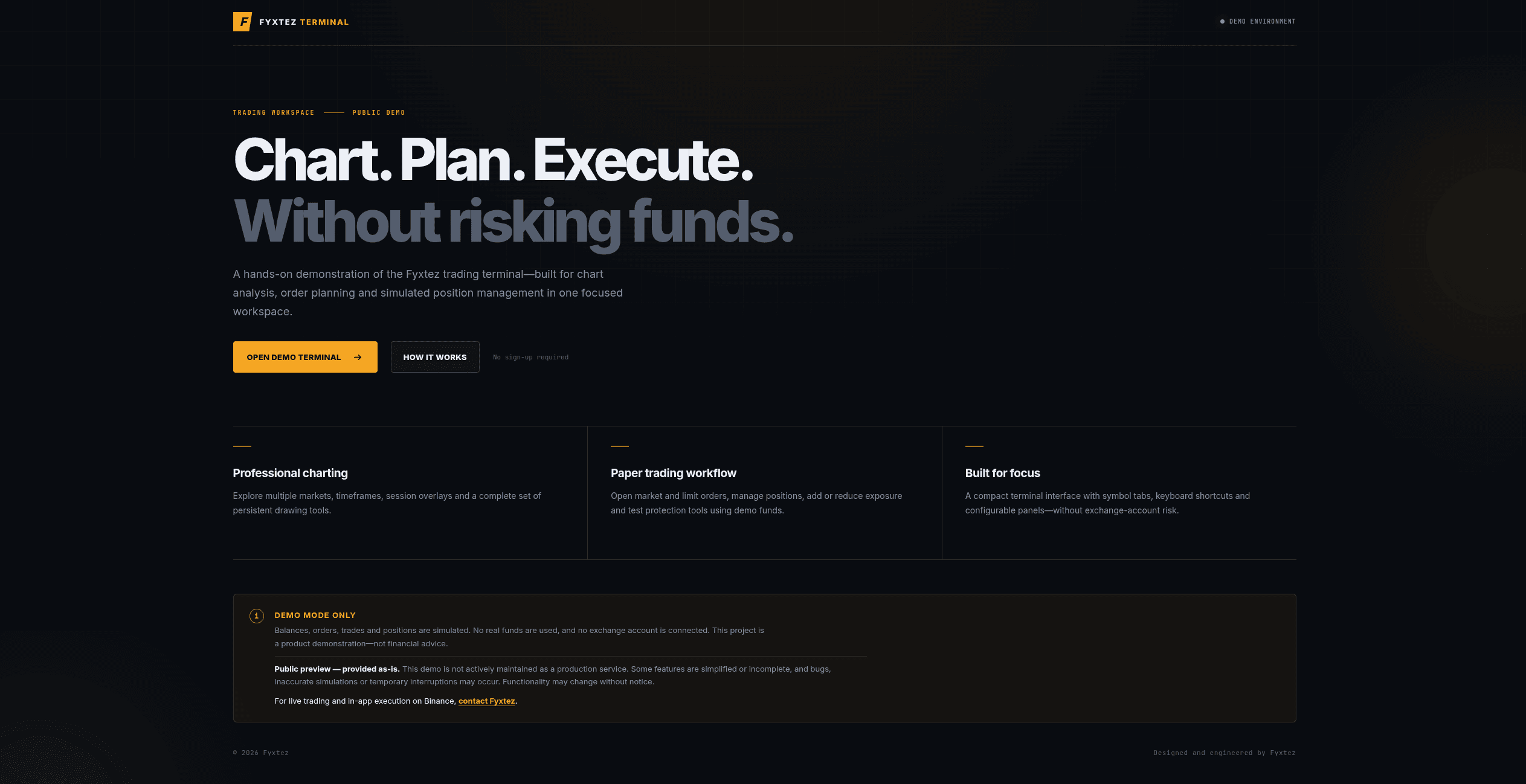 Fyxtez Terminal public demo landing screen